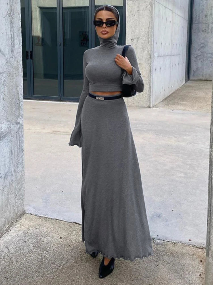 JazzHer 2024 Fall Fashion Loose Side Slit Skirt Two Piece Sets Womens Outfits 2024 Women Dress Sets Short Long Sleeve Hoodies And Skirts Suit Femme