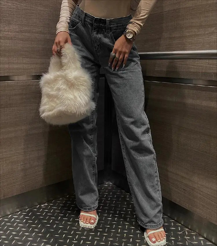 JazzHer-Women Straight Denim Pants Side Pockets Ripped Cutout Long Streetwear Casual Fall Spring Baggy Trousers Y2K Cargo