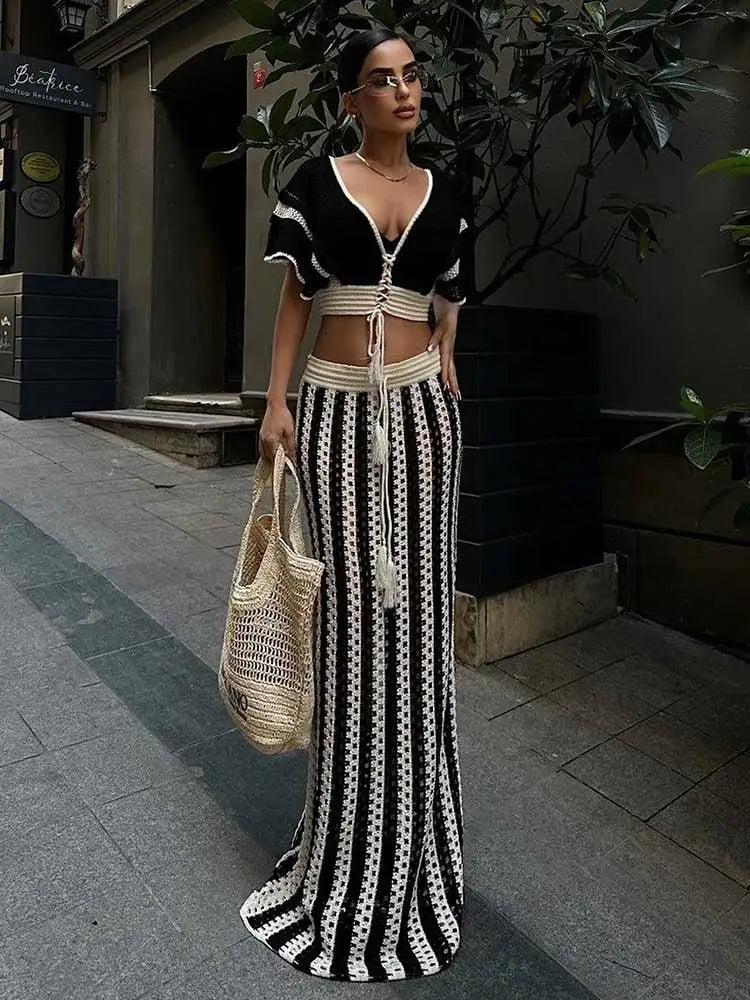 JazzHer Crochet Knit 2 Piece Sets for Women 2024 Summer Hollow Out Flare Sleeve Vacation High Waisted Maxi Skirt Sets Beach Dress A3135