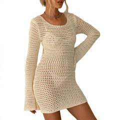 JazzHer Sexy Backless Knitted Dress Women Crochet Hollow Out Mini Dresses Summer Beach Boho Long Sleeve See Throug Bikini Cover-up