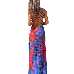 JazzHer Women Summer Y2k Tie Dye Long Dress Sexy Sleeveless Open Back Bandage Colorful Dress Floral Print Beach Party Vestido