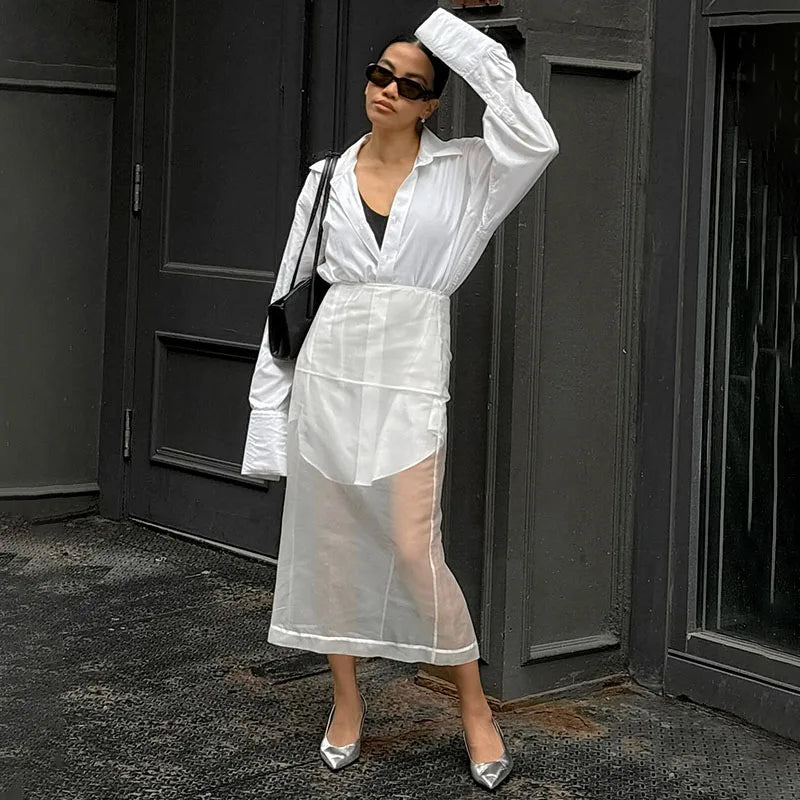 TARUXY Sexy See Through White Mesh Split Skirt Women's High Waist Loose Straigh Midi Skirt Autumn Fashion Hot Girl Party Skirts