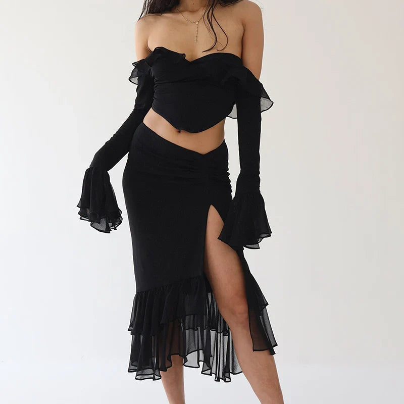 JazzHer Women Tie Up T-shirt Summer 2 Piece Set Vintage Ruffled V-Neck Long Sleeved Cropped Tops + Low Waist Fish Tail Split Midi Skirt