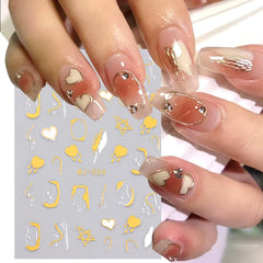 JazzHer Metallic Star Love French Nail Art Stickers Gold Silver Bronzing Wave Line Heart Designer Decal Elegant Manicure Foil Wraps LYMJ