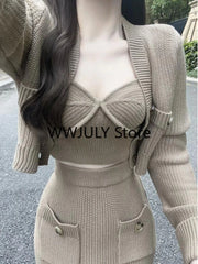 JazzHer 2024 Fall Fashion Elegant Knitted 3 Piece Set Woman Fashion Suit Casual Sweater Cardigan + Sexy Vest + Slim Bodycon Midi Skirt Office Lady 2024