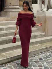 JazzHer Off Shoulder Long Sleeve Knitted Maxi Dress Women Solid Fashion Backless Bodycon Vestidos 2024 New Lady Party Streetwear