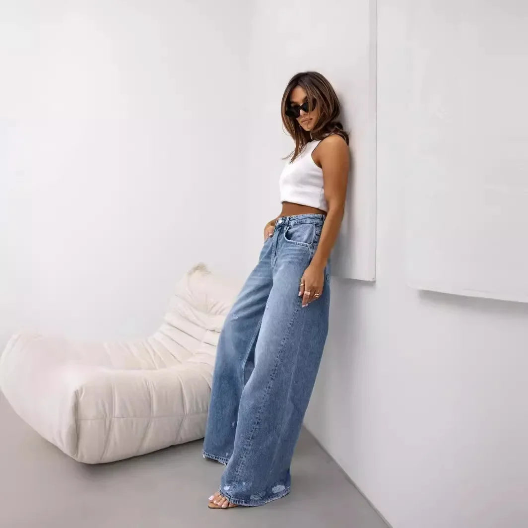 JazzHer Wide Leg Pants Ripped Hole Jeans Washed Denim Full Length Pants Spliced High Waist Zipper Fly Jean Loose Fit Basics Pockets