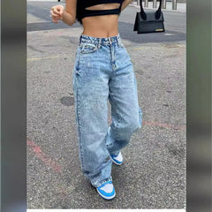 JazzHer Full Length Women Jeans Solid Distressed Denim Straight Pants Pockets Loose Casual Mid Waist Basics Zipper Fly Flat Washing