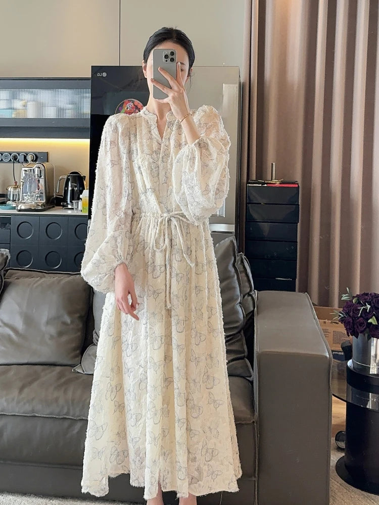 JazzHer Woman French Elegant Midi Dress Even Party Long Sleeve Fairy Dress Female Print One Piece Dress Korean Fashion 2024 New Chic