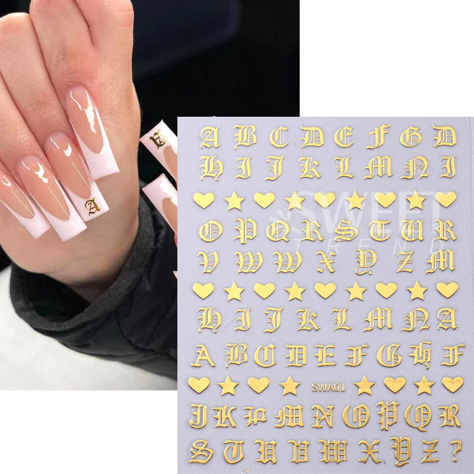 JazzHer 3D Roman Letter Nail Stickers Golden Silver Black Alphabet Design Self Adhesive Decal English Words Sliders Manicure Decoration