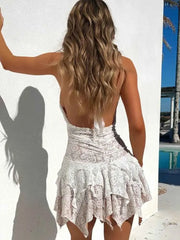 JazzHer White Lace Ruffle Halter Holiday Casual Dress Women Backless Elegant Sexy Dress Bodycon Mini Summer Dress Vestidos