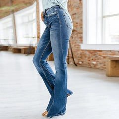 JazzHer Women Jeans High Waist Flare Pants Spliced Denim Washing Pockets Solid Loose Fit Ankle Length Slight Strech Streetwear