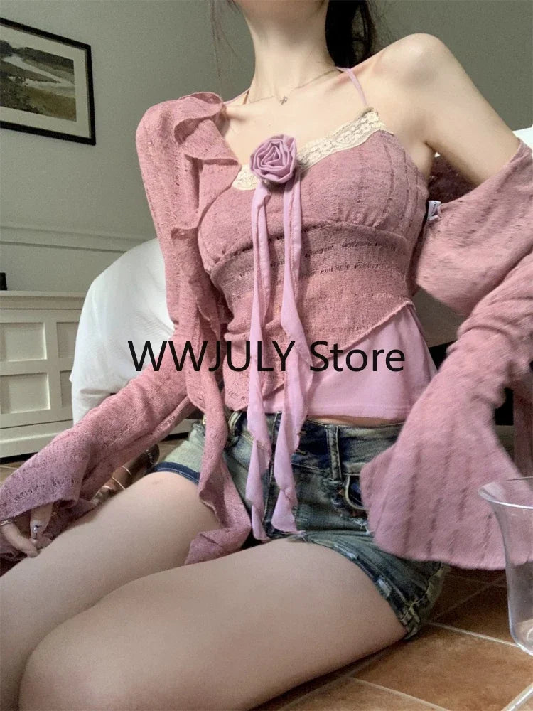 JazzHer New 2024 Pink Elegant 2 Piece Set Office Lady Lace Sexy Strap Tops Casual Cardigan Korean Fashion Blouse Suit Woman Outfits