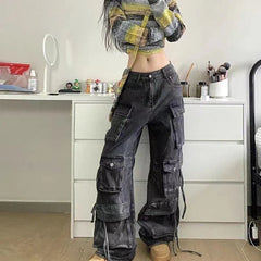 JazzHer 2023 New American Multi-pocket Overalls Female Y2K Fashion Trend High Street Retro Heavy Industry Loose Casual Wide-leg Jeans