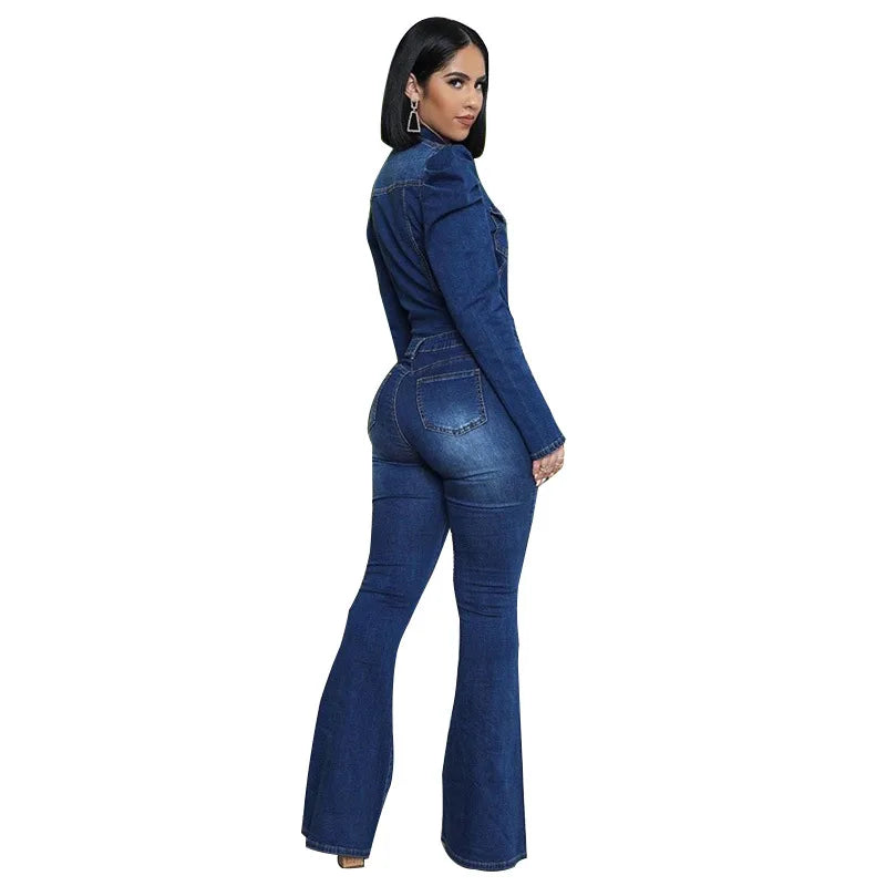 JazzHer Full Length Overalls Women Jeans Bleached Washed Denim Mid Waist Jumpsuits Single Breasted Sashes Spliced Vintage Casual