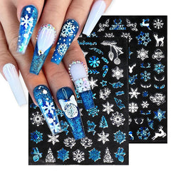 JazzHer Laser Blue Winter Snowflakes Nail Polish Sticker 3D Merry Christmas Snowflakes Deer Decal Sparkly White Manicure Decor LYSW-G020