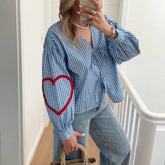 JazzHer Y2K Front Bowknot Tie-Up V-Neck Tees Plaid Heart Pattern Long Sleeve Blouse T-shirt Women Chic Fashion Spring Casual Crop Tops