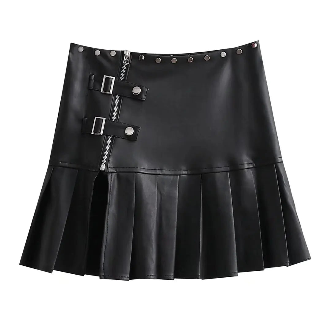 JazzHer-Punk Leather Skirt Women Y2k Streetwear Low Waist A-line Split Rivet Zipper Sexy Pleated Mini Skirt Summer Night Club