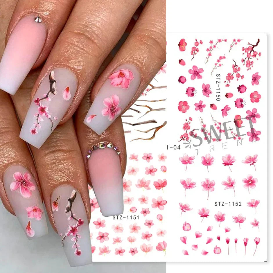 JazzHer 4 In 1 Watercolor Flowers Leaf Charms Nail Stickers Simple Floral Abstract Design Sliders Foils Spring Manicure Watermark Tattoo