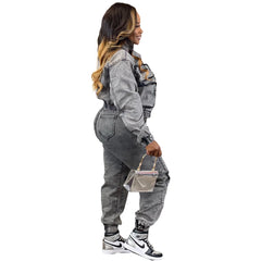 JazzHer Pant Sets Long Sleeve Women Tracksuit Zipper Denim Coat Cargo Ankle Length Pants Pockets High Street Spliced Slim 2024