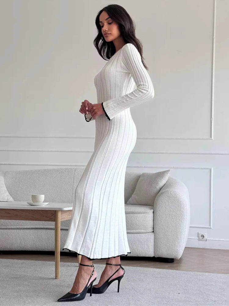 JazzHer TARXUXY Long Sleeve Knitted Dress For Women Autumn Winter Slim Sexy Striped Sweater Long Dresses Female Elegant Party Clothes