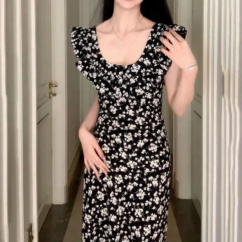 JazzHer Korean Style Hot Girl Floral Kawaii Dress Elegant Tighten The Waist 2024 Spring Summer New Dress Vintage Women Lovely Dress