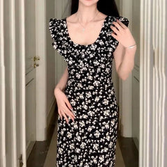 JazzHer Korean Style Hot Girl Floral Kawaii Dress Elegant Tighten The Waist 2024 Spring Summer New Dress Vintage Women Lovely Dress