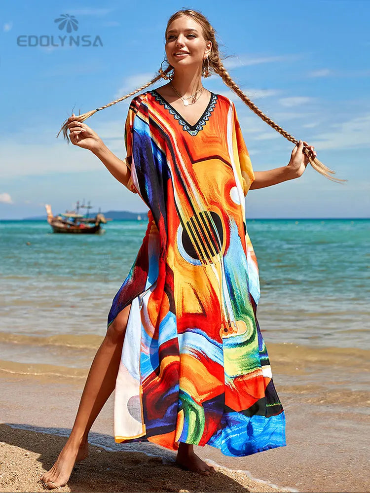 JazzHer Bohemian Butterfly Printed V Neck Batwing Sleeve Dresses For Women Clothing 2023 Beach Wear Causal Long Dress Vestidos Q1342