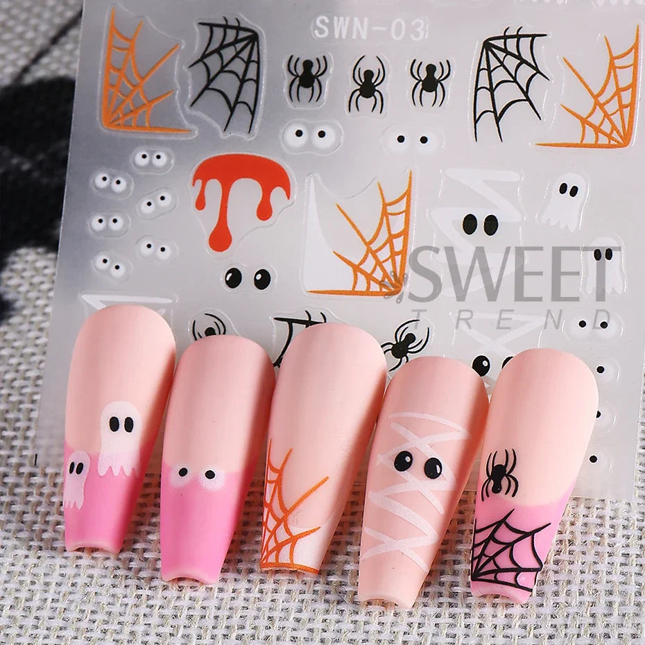 JazzHer 3D Halloween Pumpkin Nail Art Stickers Mummy Bandages Ghost Eyes Spider Web Self-adhesive Sliders DIY Winter Manicure Decoration