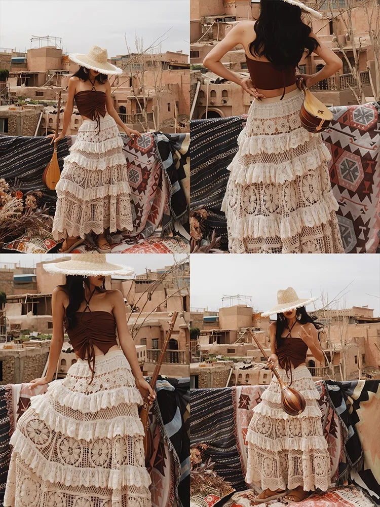 JazzHer 2024 New Fashion Long Maxi Bohemain Cotton Knitting Hollow Out Women Beige Lace Patchwork Skirts