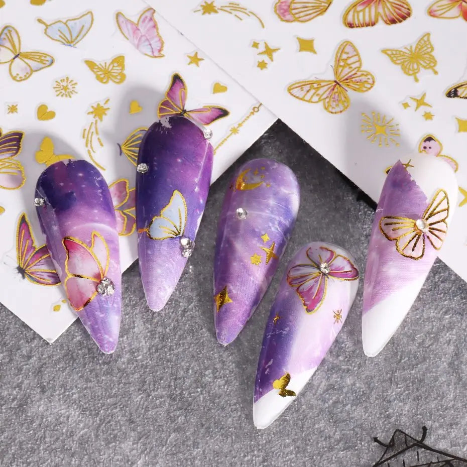 JazzHer Bronzing Golden Butterfly Nails Manicure Stickers Metallic Line Flowers Bird Spring Theme DIY Charm Adhesive Sliders Decor LYSWT