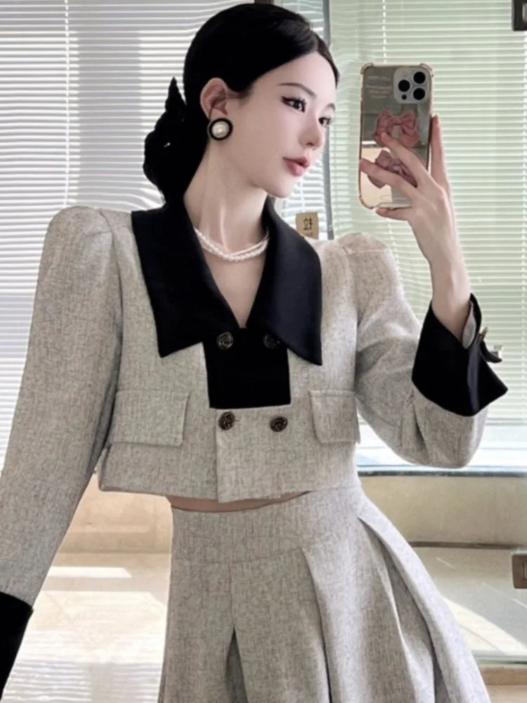 JazzHer 2024 Fall Fashion Women Elegant Double-breasted Color-block Long-sleeve Jacket High Waist Skirt Suit Two-piece Suit