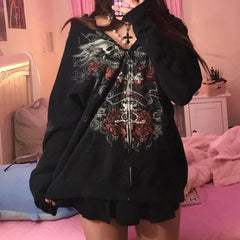 JazzHer 2024 Fall Fashion Vintage Dark Academia Harajuku Zip Up Hoodies Gothic Grunge Skull Print Sweatshirts Autunm Spring Y2K Aesthetic Coat Tops