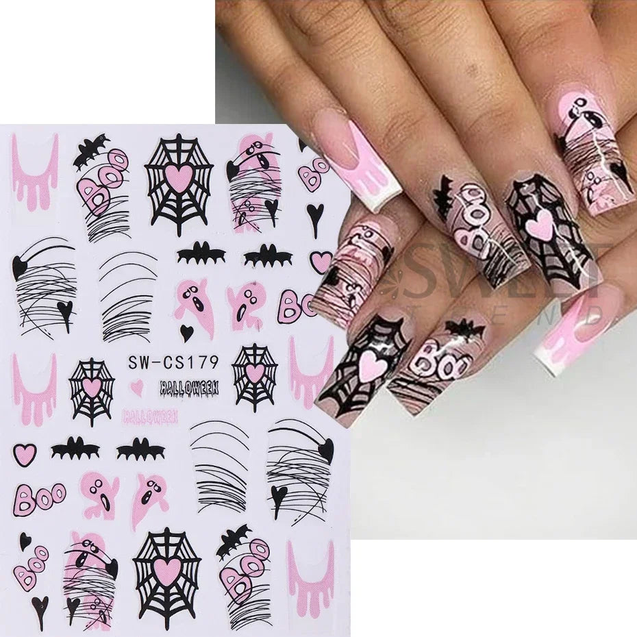 JazzHer Halloween 3D Nail Art Stickers Pink Ghost Pumpkin Spider Web Sliders Scorpion Bat Dripping Blood Decals Decorations Manicure