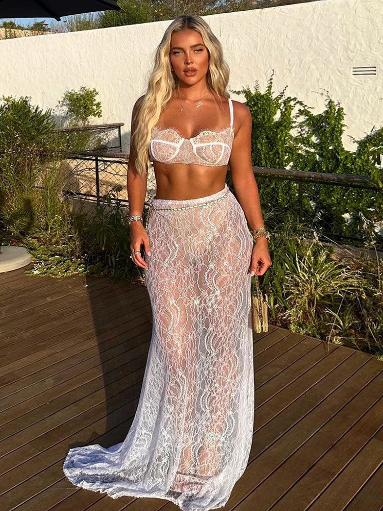 JazzHer See Through Lace Two Piece Skirt Sets Women Crop Top And Maxi Skirt Sets Elegant Party Beach Sexy Two Piece Set