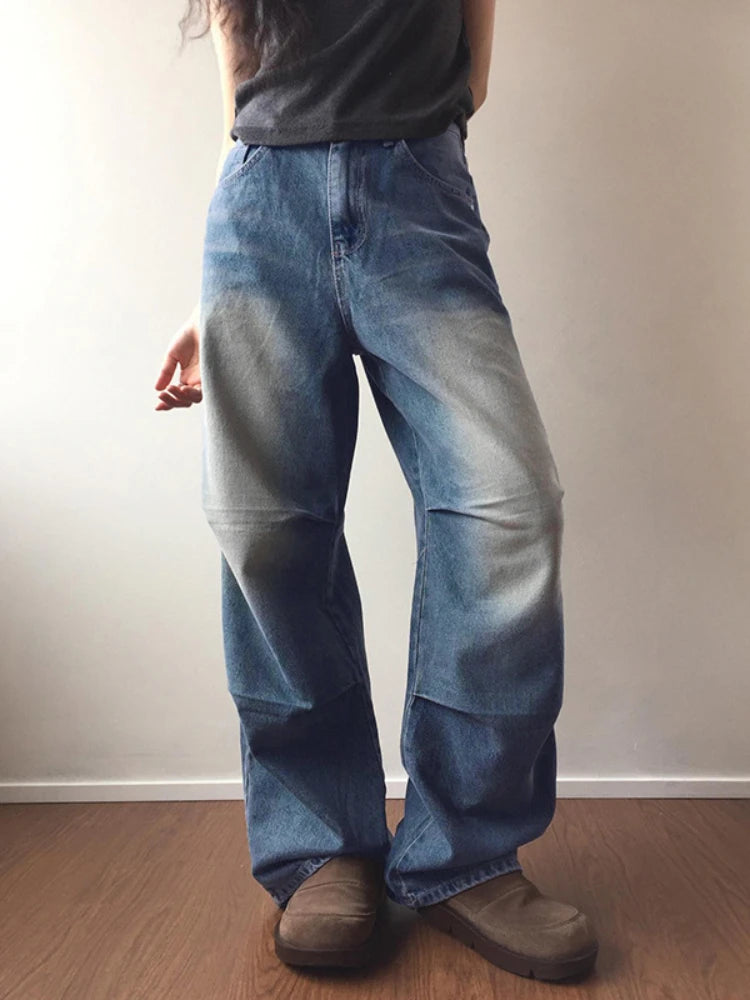 JazzHer Women Jeans Denim High Waist Full Length Wide Leg Pants Pockets Casual Basics Loose Fit Wash Zipper Fly Folds Distressed