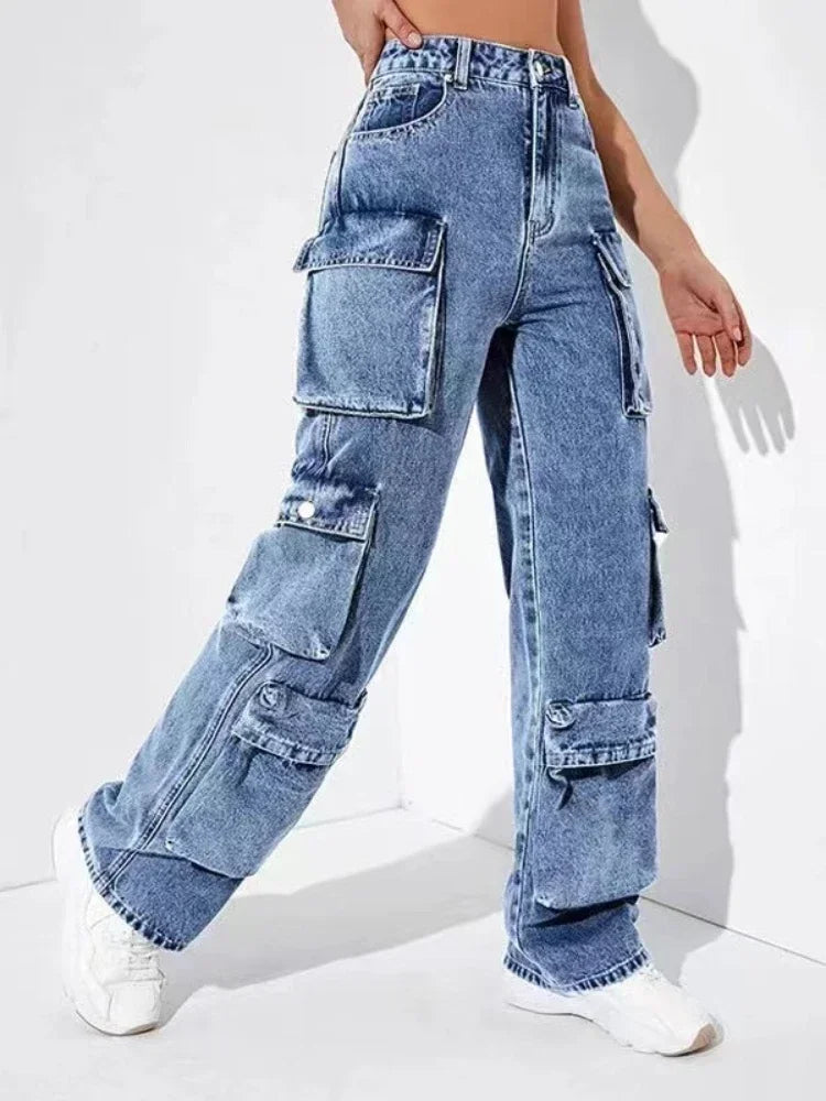 JazzHer Jeans Women Straight Cargo Pants Denim High Waist Vintage Pockets Button Basics Ankle Length Trousers 2024 Autumn Streetwear