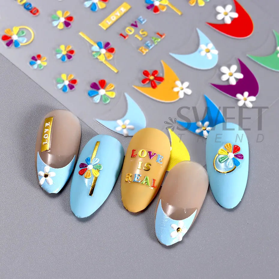 JazzHer 5D Embossed Nail Sticker Geometric Wildflower Daisy Flower DIY French Decals Slider Engraved  Adhesive Nail Decorations Manicure