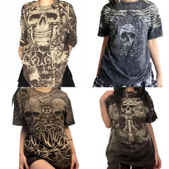 JazzHer Punk Style Mall Goth Grunge Skull Graphic Tops Cyber Y2K T-Shirt Vintage Aesthetic Gothic Harajuku Pullovers Tees Women