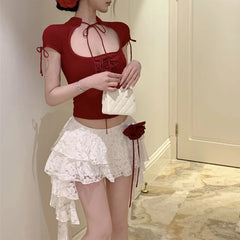 JazzHer 2024 Summer New Korean Cross Lace Up Sexy Slim Short-sleeved T-shirt Women + High Waist Irregular A-line Skirt Two-piece Suit