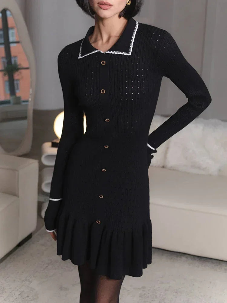 Black Friday JazzHer Ruffled Knitted Mini Dress For Women Hollow Lapel Button Long Sleeve Slim Fit Dresses Autumn Contrast Color Retro Elegant