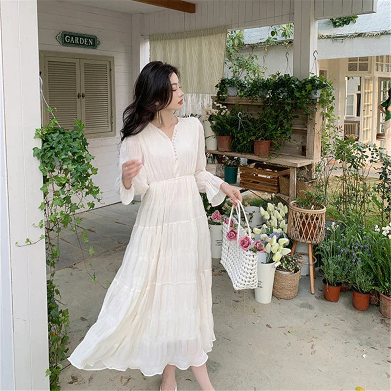 JazzHer-Elegant Chic Women White Midi Dress for Autumn 2024 New Chiffon Puff Long Sleeve V-neck Casual Office Lady Cute Fairy Dress