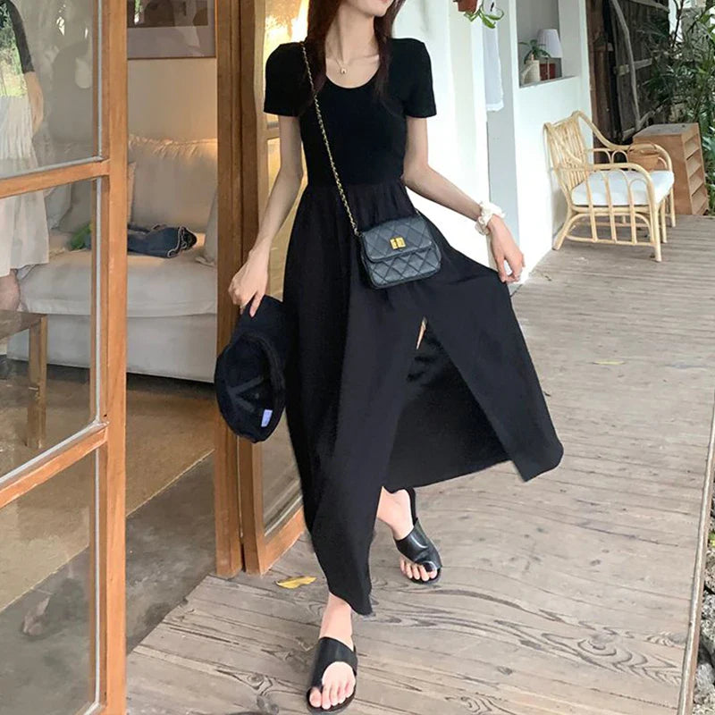 JazzHer Korean Style Fashion Elegant Slit Dress for Women Fairy Slim Fit Dress Tighten The Waist Women 2024 New Spring Summer Dress