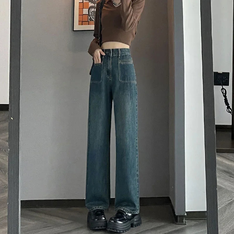 JazzHer Women High Waist Jeans Straight Trousers Vintage Loose Denims Pockets Denim Full Length Streetwear Female Wide Leg Pants