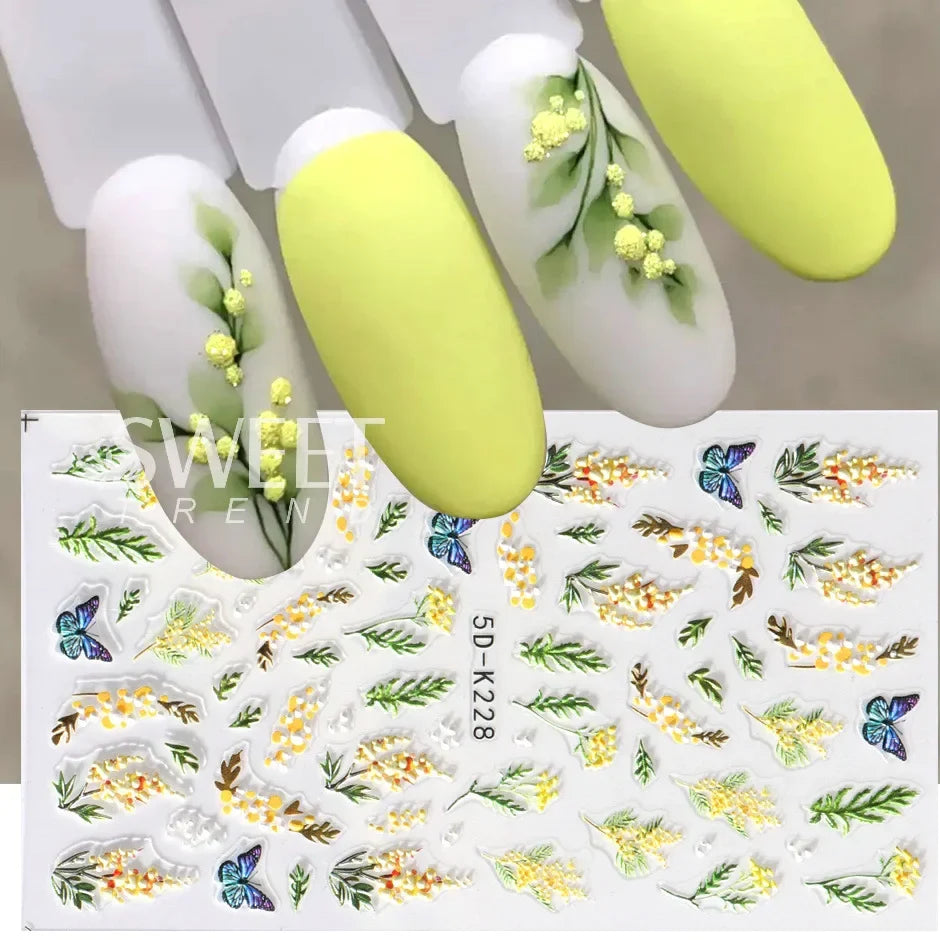 JazzHer 5D Yellow Mimosa Textured Nail Sticker Decal Simple Flowers Butterfly Design Acrylic White Embossed Sliders Manicure Decor LY5DK