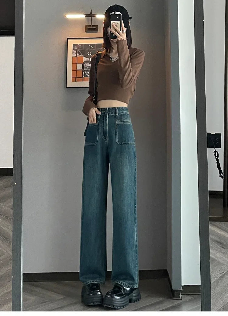 JazzHer Women High Waist Jeans Straight Trousers Vintage Loose Denims Pockets Denim Full Length Streetwear Female Wide Leg Pants