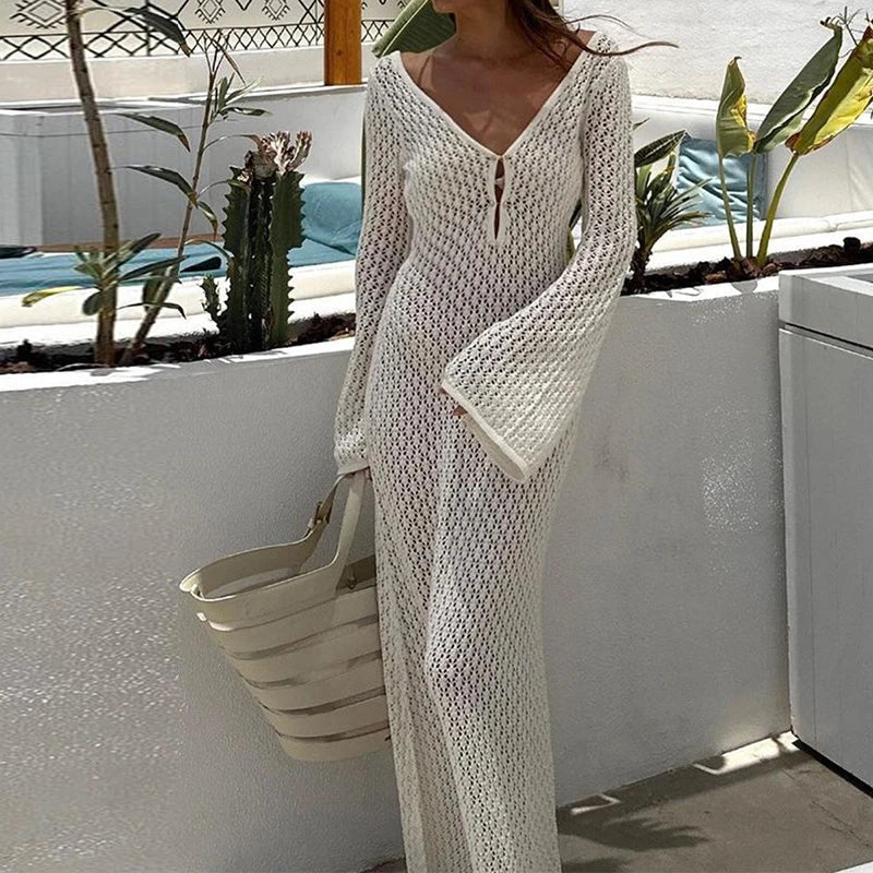 JazzHer Elegant Crochet Flare Sleeve Low Cut V Neck Backless Dress Women Beach Style Knitted Hollow Out Long Dress Club Party Vestidos