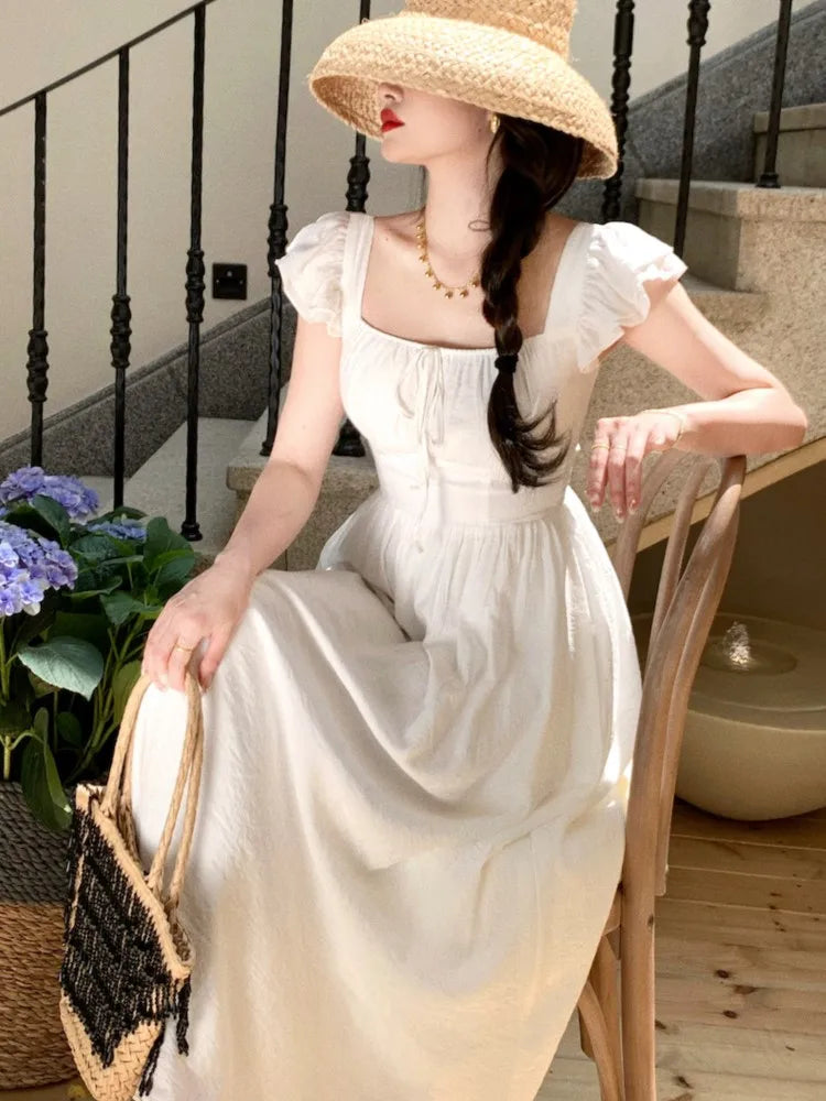 JazzHer Elegant Vintage Midi Dresses for Women Summer New Square Collar High Waist Princess Party Dress Casual A-line Vestido Mujer