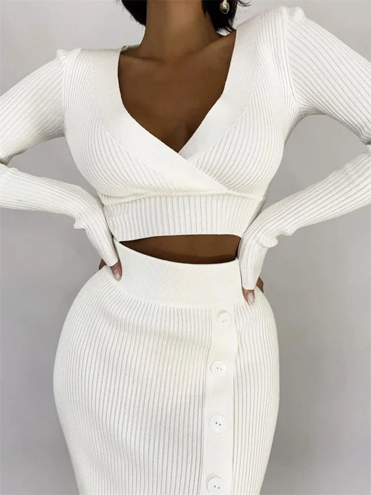 JazzHer Summer New Two Piece Set Women Outfits Casual White Crop Top And Midi Skirt Sets Wrap Bodycon Long Dress Knit Dresses Set