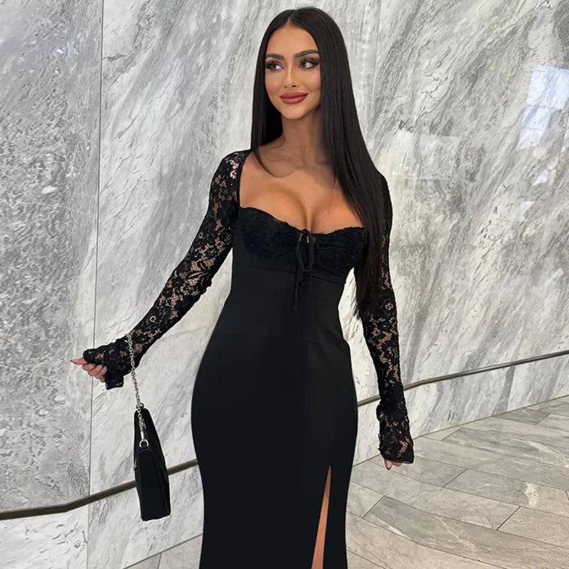 JazzHer Black Lace Up Backless Elegant Evening Party Dress Women Split Sexy White Dress Bodycon Maxi Long Autumn Dress Vestidos